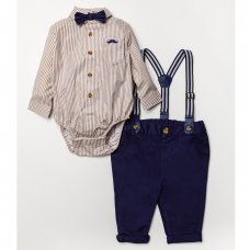B03755: Baby Boys Bodysuit Shirt With Bow Tie & Chino Pant With Braces Outfit (0-18 Months)